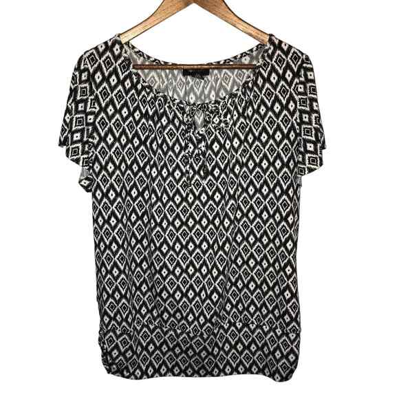 AB Studio blouse womens size XL black white key hole tie scoop neck short sleeve - Picture 1 of 8